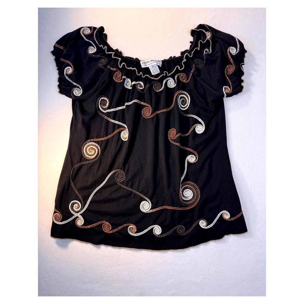 Lauren Michelle Womens XL Black Embroidered Swirl Peasant Top Boho Y2K